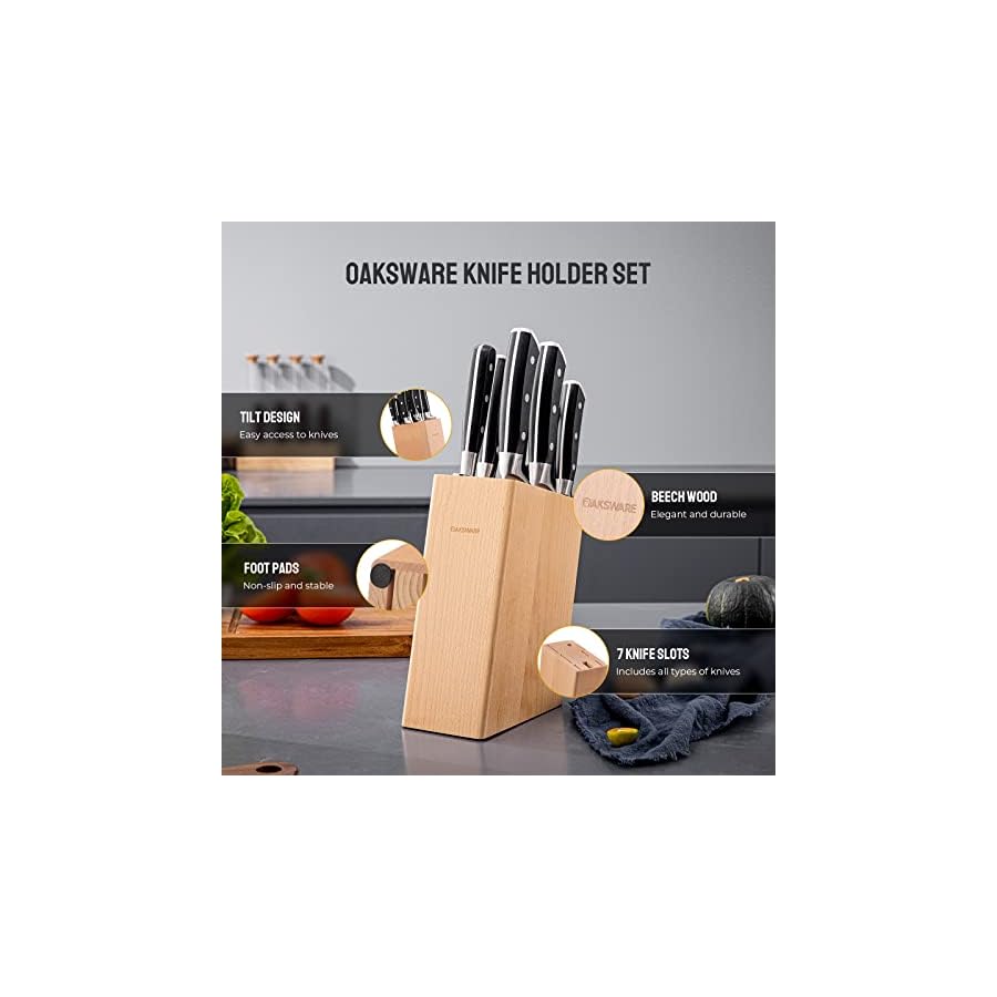 OAKSWARE Knife Sets, 8 Piece Knife Set for Kitchen with Block, German Stainless Steel Chef Knives Set with Ergonomic Handle