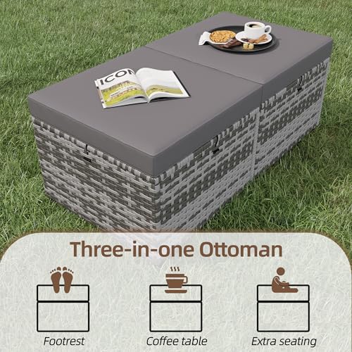Image of HOMREST 3 Piece Patio Loveseat Set, Outdoor Wicker Sofa with 2 Ottomans & Cushions, All-Weather PE Wicker Patio Furniture for Porch, Poolside, Garden & Deck(Gray) | Outdoor Wicker Sofa