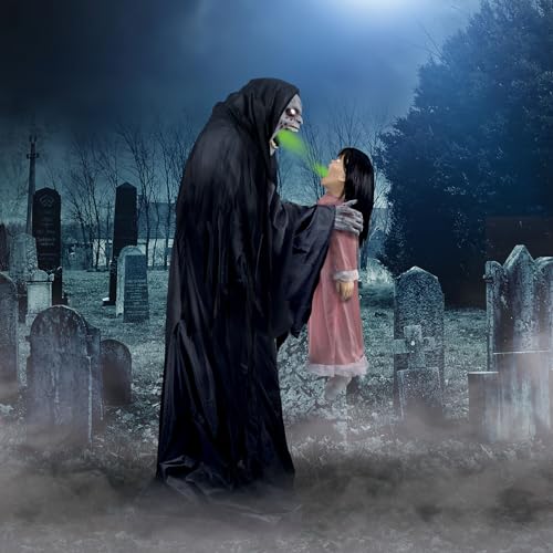 Haunted Hill Farm Soul Sucker Demon Reaper with Child by Tekky, Motion-Activated Talking Halloween Animatronic for Creepy Indoor or Covered Outdoor Halloween Decorations, Plug-in or Battery Operated