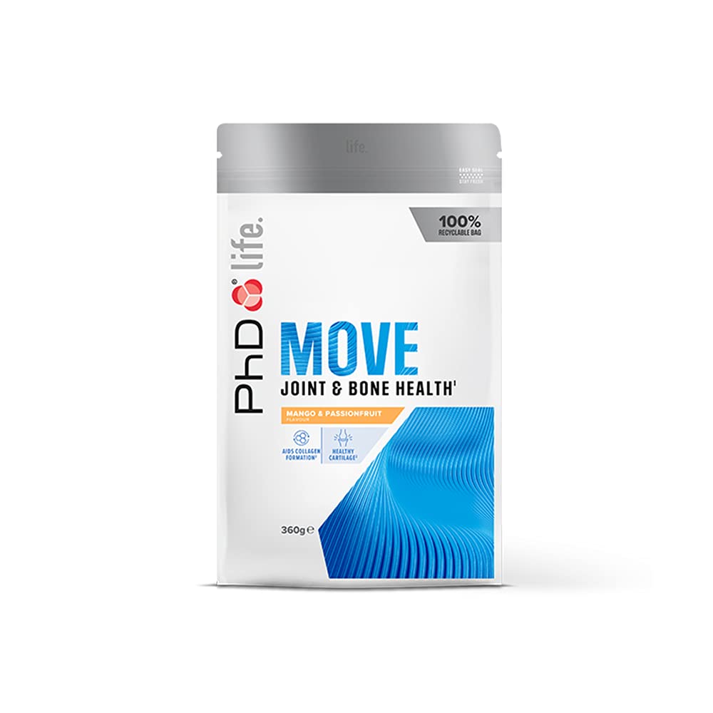 PhD Nutrition | Life Range | Move Powder - Joint & Bone Health with Collagen, Vitamin C & Glucosamine | Supports Collagen Formation for Healthy Cartilage | Mango & Passion Fruit, 360g