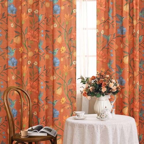 Image of JOOJA 90 Inch Boho Floral Curtains Tropical Bird Print Linen Semi Sheer Window Drapes for Kitchen, Bedroom, Bathroom, Living Room, Dining Room, Terracotta