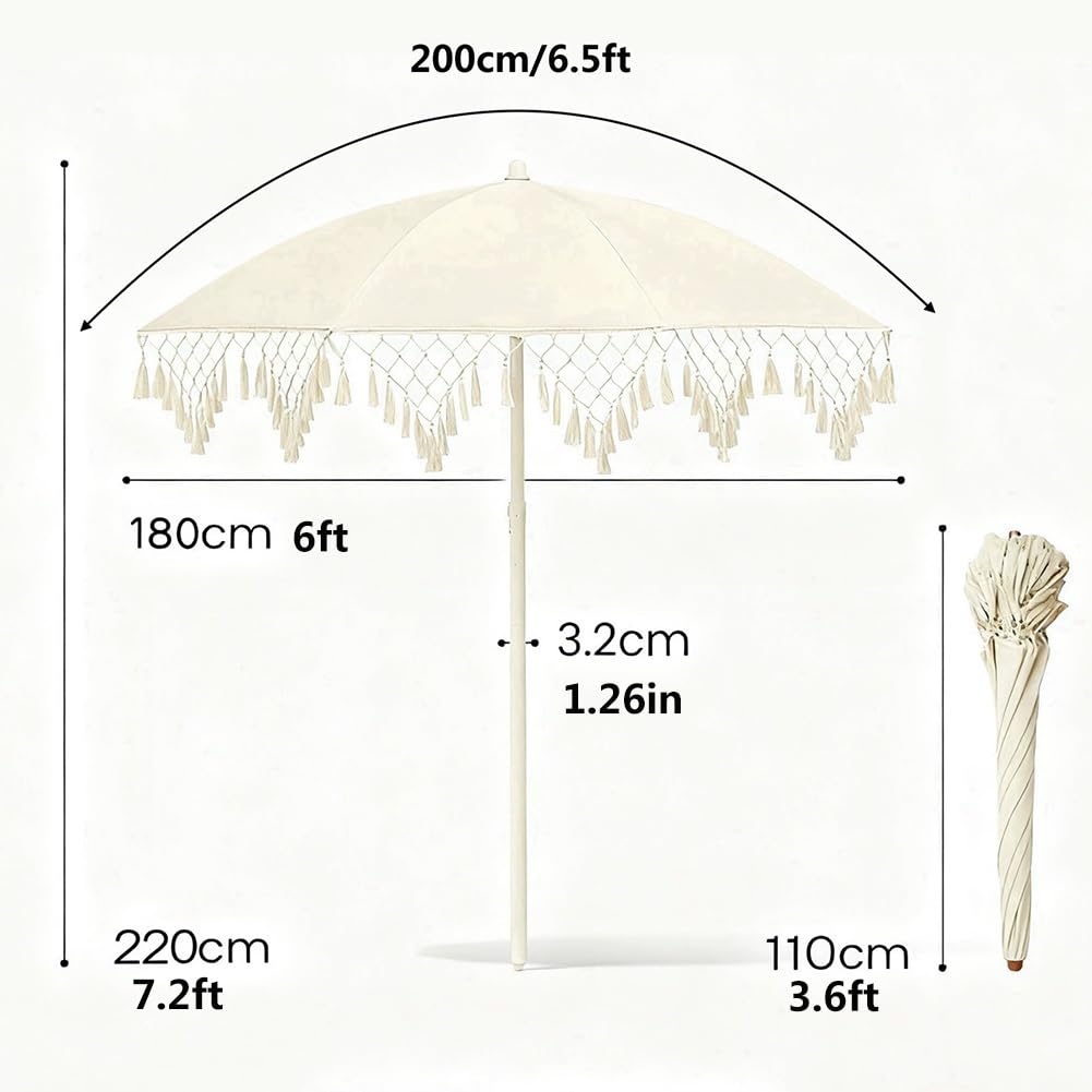 200 cm Parasol Przeciwsłoneczny z Frędzlami, Przenośny Parasol Ogrodowy z Regulacją Nachylenia, Ochrona UPF50+ do Ogrodu, Piknik, Przy Basenie