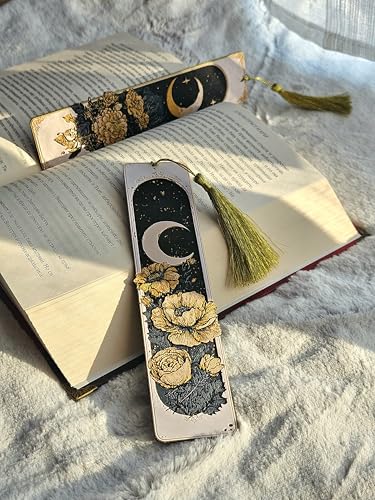 Image of 2 Pack MoonBloom Aesthetic Bookmark with Tassel | Crescent Moon & Floral Design | Page Markers for Books | Gift for Book Lovers, Readers, Girls | Durable Bioplastic