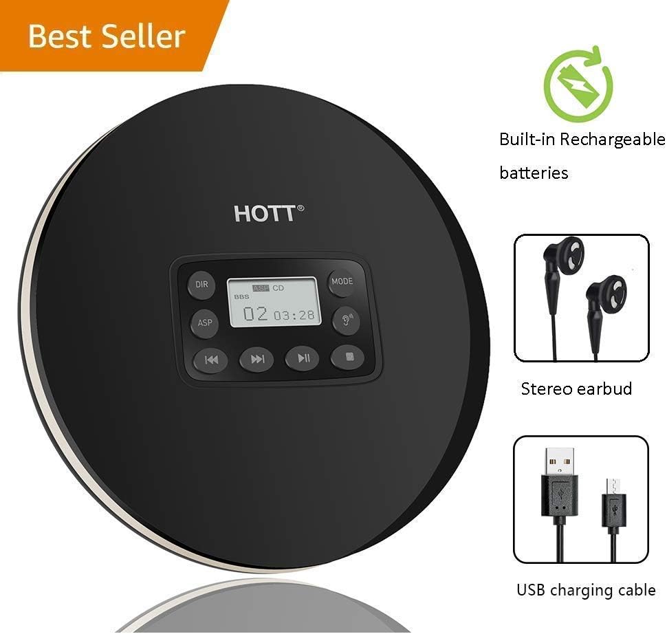 HOTT Portable CD Player, Compact Walkman CD Player, Personal Disc Music Player with Headphones, Anti-Skip Protection, USB Power Adapter, LCD Display