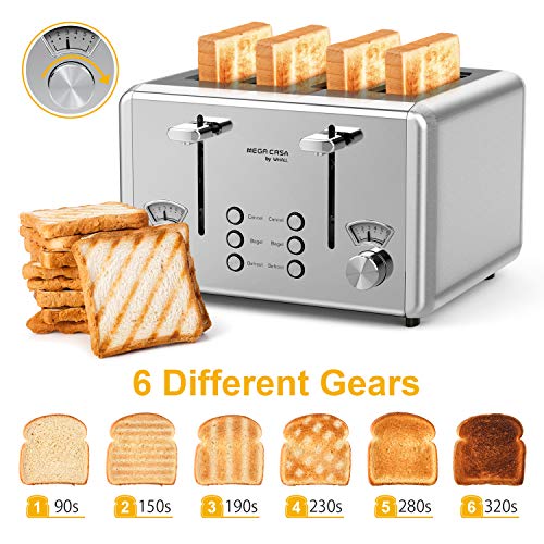whall WHALL Toaster 4 Slice Stainless Steel,Toaster-6 Bread Shade Settings,Bagel/Defrost/Cancel Function with Dual Control Panels,Extra Wide Slots,Removable Crumb Tray,1500W,Silver(KST023GU) - Image 5