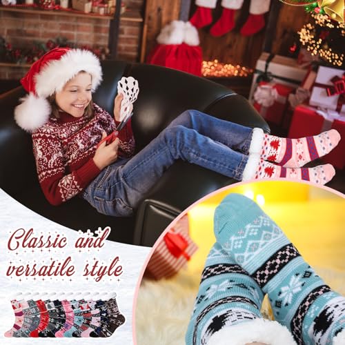 Image of Handepo 12 Pairs Fluffy Thermal Slipper Socks with Grippers Non Skid Knit Christmas Sock Soft Winter Thick Socks for Women (Stylish Style)
