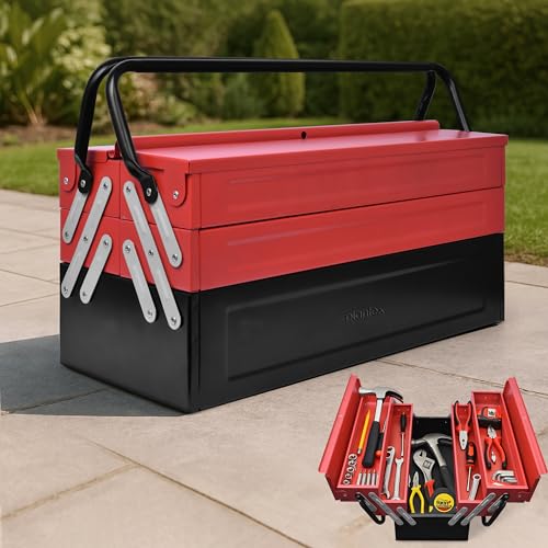 Image of Plantex Tool Box Empty /Sturdy Tools Storage Box With Large Capacity /Empty Tool Box /Tool Organizer for Carpenter, Garage, And Home Essential Tools - 5 Compartments - (Red & Black) - Metal