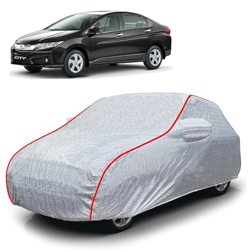 Image of Sulfar 100% Waterproof Car Body Cover Compatible with Mirror for Honda City i-VTEC (Triple Stitched, Full Bottom Elastic, Magic Silver with Red Piping)