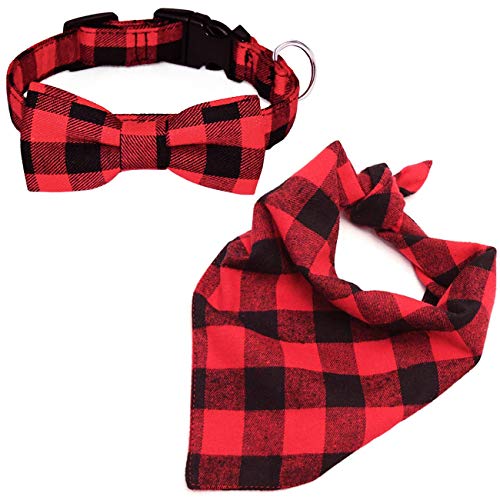 Malier Christmas Dog Bandana and Collar Set Plaid Pattern Dog Scarf Triangle Bibs Kerchief Adjustable Collars with Bow Tie Pet Costume Accessories Decoration for Cats Dogs Pets - Large