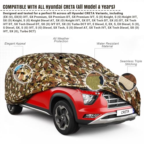 Image of Pivalo Car Body Cover for Hyundai Creta All Model & Years (2015-2024) 100% Waterproof with Mirror Pockets, Triple Stitched Dustproof Heat Resistant UV Protection (Military /Jungle /Camouflage)