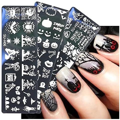 6 Pcs Halloween Nail Stamp Template Kit with 1 Stamper 1 Scraper Horror Ghost Pumpkin Skull Bone Image Nail Plates DIY Nail Art Templates Nail Stamper Stencil Plates Set Manicure Nail Supplies Cover