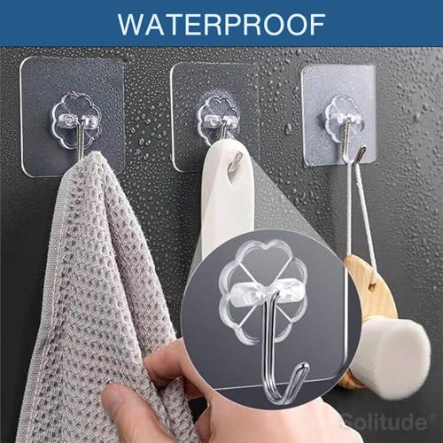 Image of Solitude 20 Pieces PVC Self Adhesive Wall Hooks for Hanging | Transparent Heavy Duty Sticky Hooks | Waterproof No Drilling Wall Hangers for Kitchen, Bathroom, Door