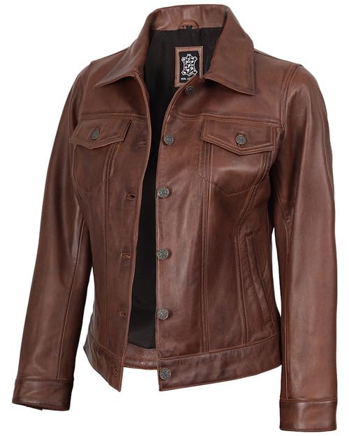 Image of Decrum Trucker Leather Jacket Women - Button Closure Vintage Style Real Lambskin Womens Leather Jacket