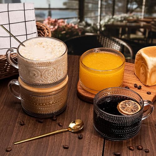 Image of PrimeWorld 2 Pcs 420 Ml Vintage Coffee Mugs,Overnight Oats Containers With Handle,Bamboo Lids And Spoons-Embossed Glass Cups For Cappuccino,Latte,Cereal,Yogurt,Hot Or Cold Beverages,Transparent