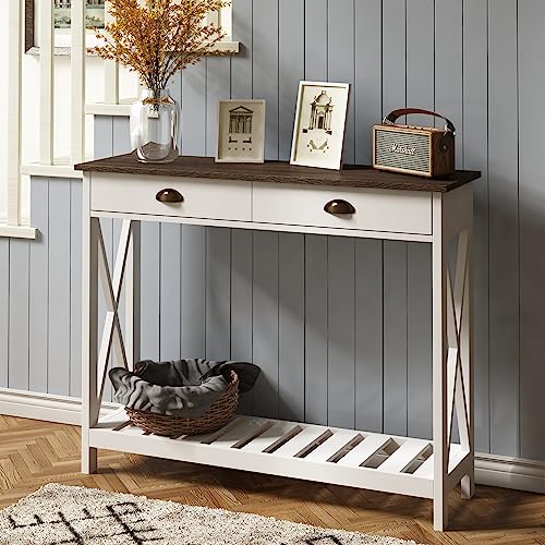 ChooChoo Farmhouse Console Table with Drawer for Entryway, Narrow Long Entry Table with Shelf for Living Room, Rustic Vintage Hallway Sofa Table with Stable X Supports, 40 White ChooChoo Farmhouse Console Table with Drawer for Entryway, Narrow Long Entry Table with Shelf for Living Room, Rustic Vintage Hallway Sofa Table with Stable X Supports, 40 White