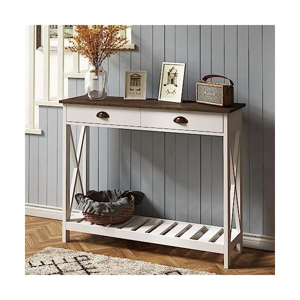 ChooChoo Farmhouse Console Table with Drawer for Entryway, Narrow Long Entry Table with Shelf for Living Room, Rustic Vintage Hallway Sofa Table with Stable X Supports, 40 White ChooChoo Farmhouse Console Table with Drawer for Entryway, Narrow Long Entry Table with Shelf for Living Room, Rustic Vintage Hallway Sofa Table with Stable X Supports, 40 White