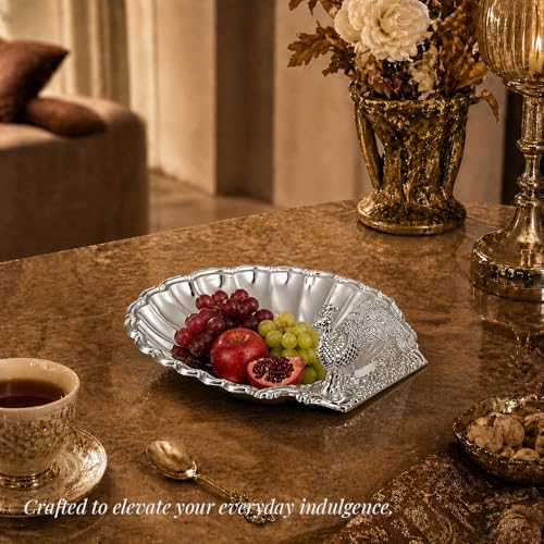 Image of Diviniti German Silver Peacock Decorative Bowl for Home Decor | Luxury Silver Plated Dry Fruit & Sweet Serving Platter | Elegant Peacock Tray with Gift Box for Festive Dining & Gifting
