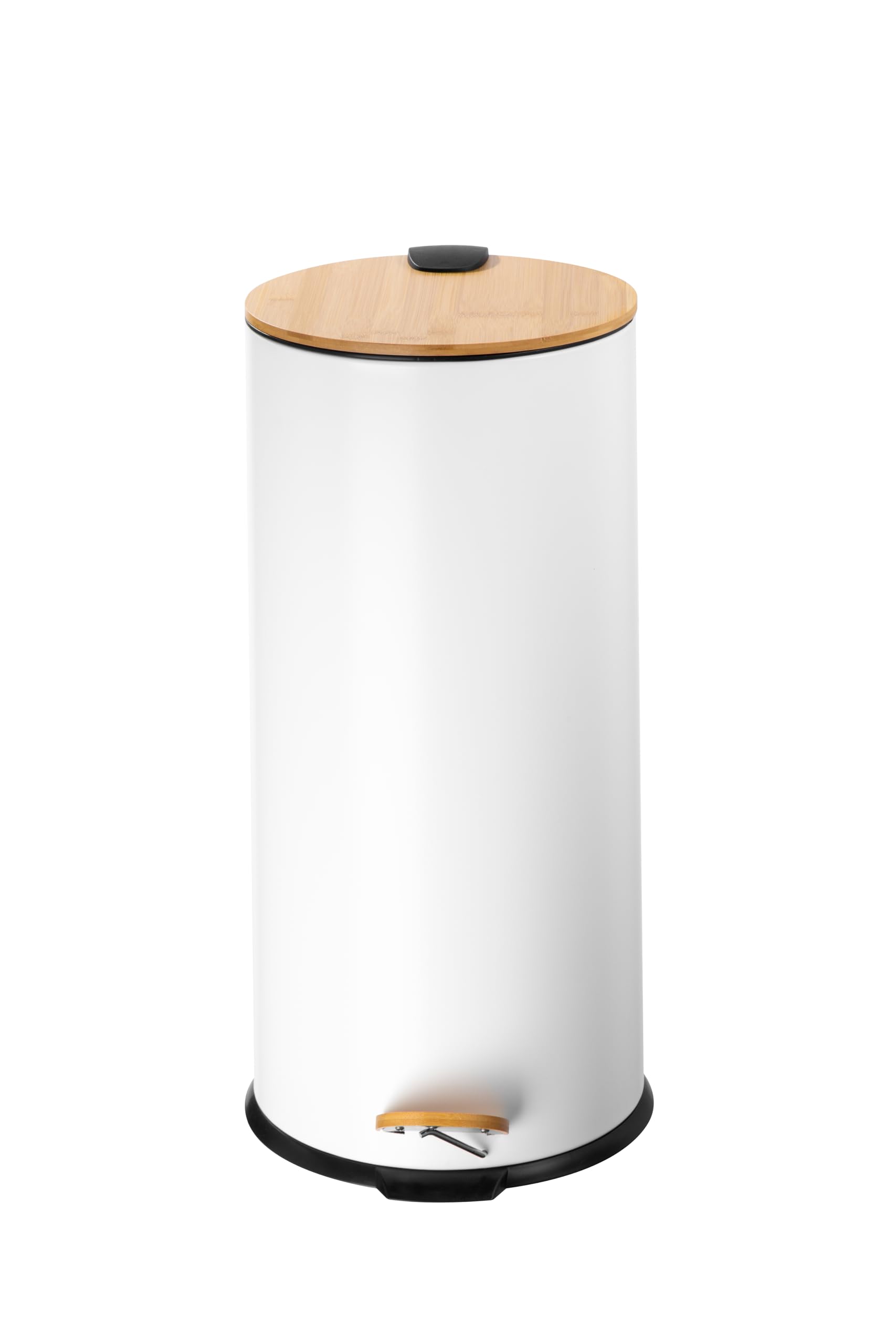 ECHTWERK cubo de pedal Skandi Look, cubo de basura, cubo de desperdicios, cuerpo robusto de hierro con tapa de bambú, función de cierre suave, blanco, capacidad 30 litros