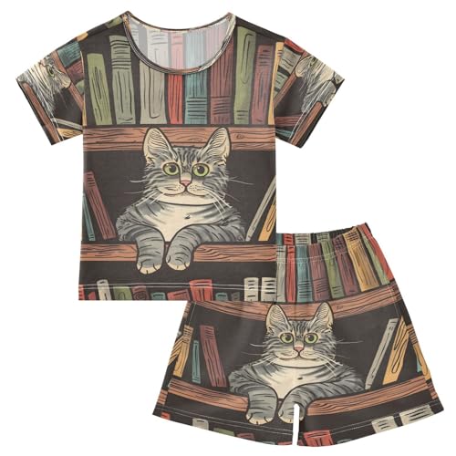 senya Short Sleeve Pajamas Sets Summer Cotton Sleepwear Cat on Bookshelf