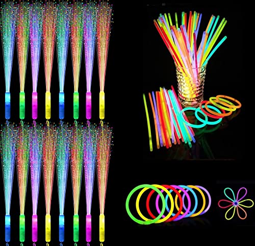 Glow Dark Party Supplies Bulk 50 Glow Sticks&Connectors 15 Light Up Fiber Optic Wand Led Sparklers For 4th of July Party Favors Concerts Wedding Raves