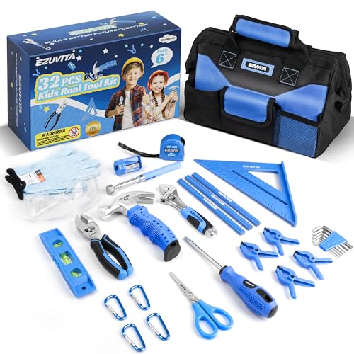 EZUVITA 32-Piece Kids Real Tool Set Blue Child Size Hand Tools Age 6+