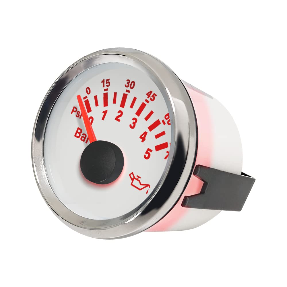 ELING Misuratore di pressione dell'olio impermeabile da 2 '' 0-5bar 0-75PSI con retroilluminazione 52mm (2") 9-32V per motoscafi per carrelli elevatori
