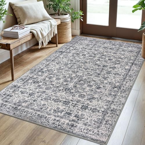 3x5 Grey Blue Washable Rug for Living Room, Soft Distressed Floral Rug with Non-Slip, Low-Pile Vintage Neutral Area Rugs for Entryway Nursery Bedroom Dining, Dorm Carpet with Non-Shedding