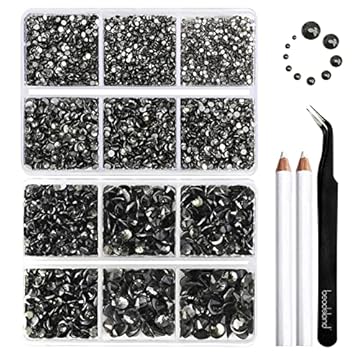 Beadsland 8300PCS Flatback Rhinestones, Gray Rhinestone Nail Gems Round Crystal Rhinestones for Crafts, Mixed 10 Sizes with Wax Pencil and Tweezer Kit, SS3-SS30, Black Diamond