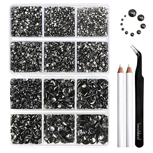 Image of Beadsland 8300PCS Flatback Rhinestones, Gray Rhinestone Round Crystal Rhinestones for Crafts, Mixed 10 Sizes with Wax Pencil and Tweezer Kit, SS3-SS30, Black Diamond