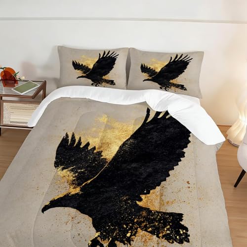 Image of Wildlife Eagle Comforter Set Queen Size Black and Gold Wild Animal Bedding Sets for Kids Teens Boys Men Adults Bedroom Abstract Art Quilt 1 Comforter 2 Pillowcases