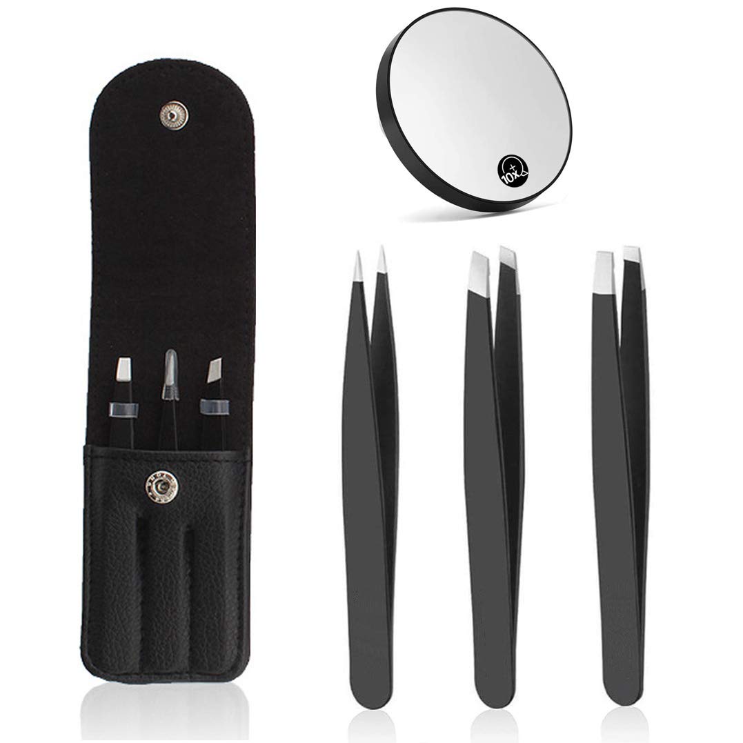 3Pcs Eyebrow Tweezers & 10x Magnification Mirror Set - Professional Stainless Steel Precision Plucking Tweezer for Eyebrows,Ingrown Hair,Facial Hair Remover,Beauty Tool for Women Men