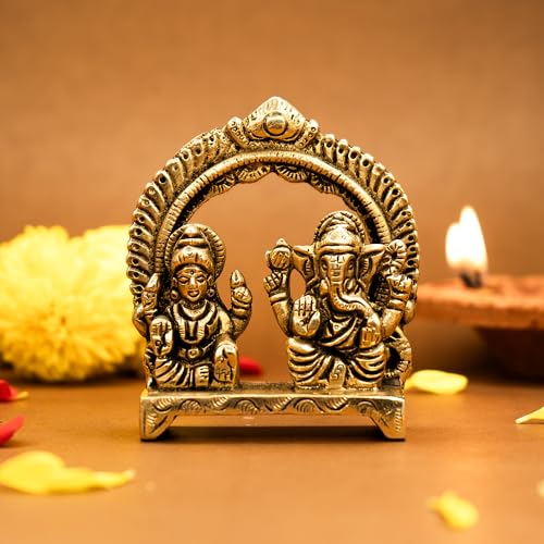 Ekhasa Laxmi Ganesh Murti 100% latón puro (tamaño: 8 cm) | Ídolo Lakshmi Ganesh para Diwali Puja, mesa de estudio, habitación Pooja y decoración del hogar | Estatua de Lakshmi Ganesha para regalo