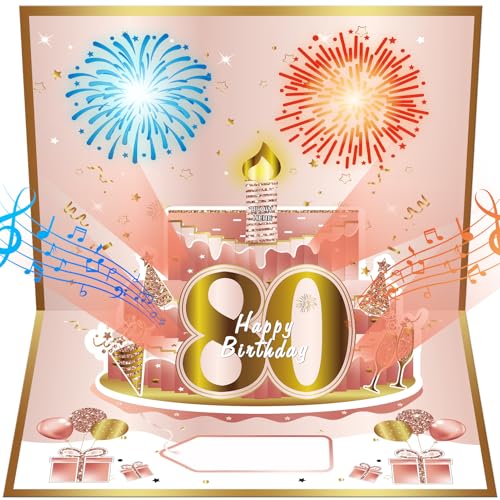 Turypaty 80th Birthday Cards Pop Up 3D Cake - Firework & Music & Blow Out Candle Light...