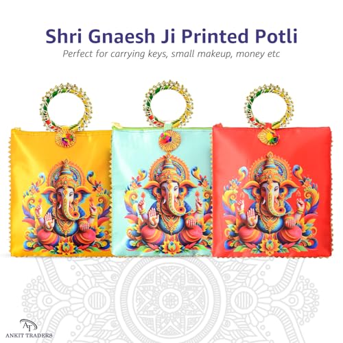 Image of Women Potli Bags Pack of 6| Gifting Potli with Zip & Bangle Handle | Traditional Shagun Return Gifts Potli for Mehandi, Haldi, Baby Shower, Wedding, Sangeet (Ganesha)
