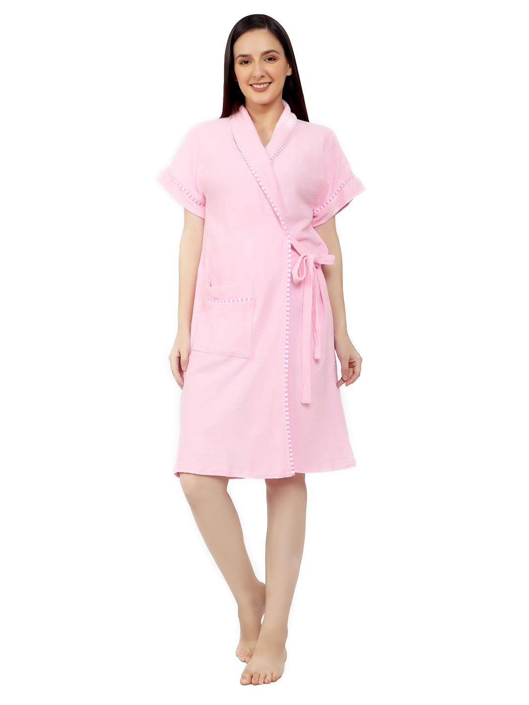 SAND DUNE Women Bathrobe | Terry Cotton Shower Gown | Short Sleeve Knee Length Ladies Bath Robes | Pocket with Waist belt Girls Bathrobes | Shawl Collar Bathrobe-9395 (XXL, Pink)