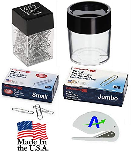 Value Bundle OIC Small and Jumbo Non-Skid Paper Clips and 2 Magnetic Dispensers, 1 Each of Small and Large Plus a Custom AOP Letter Opener