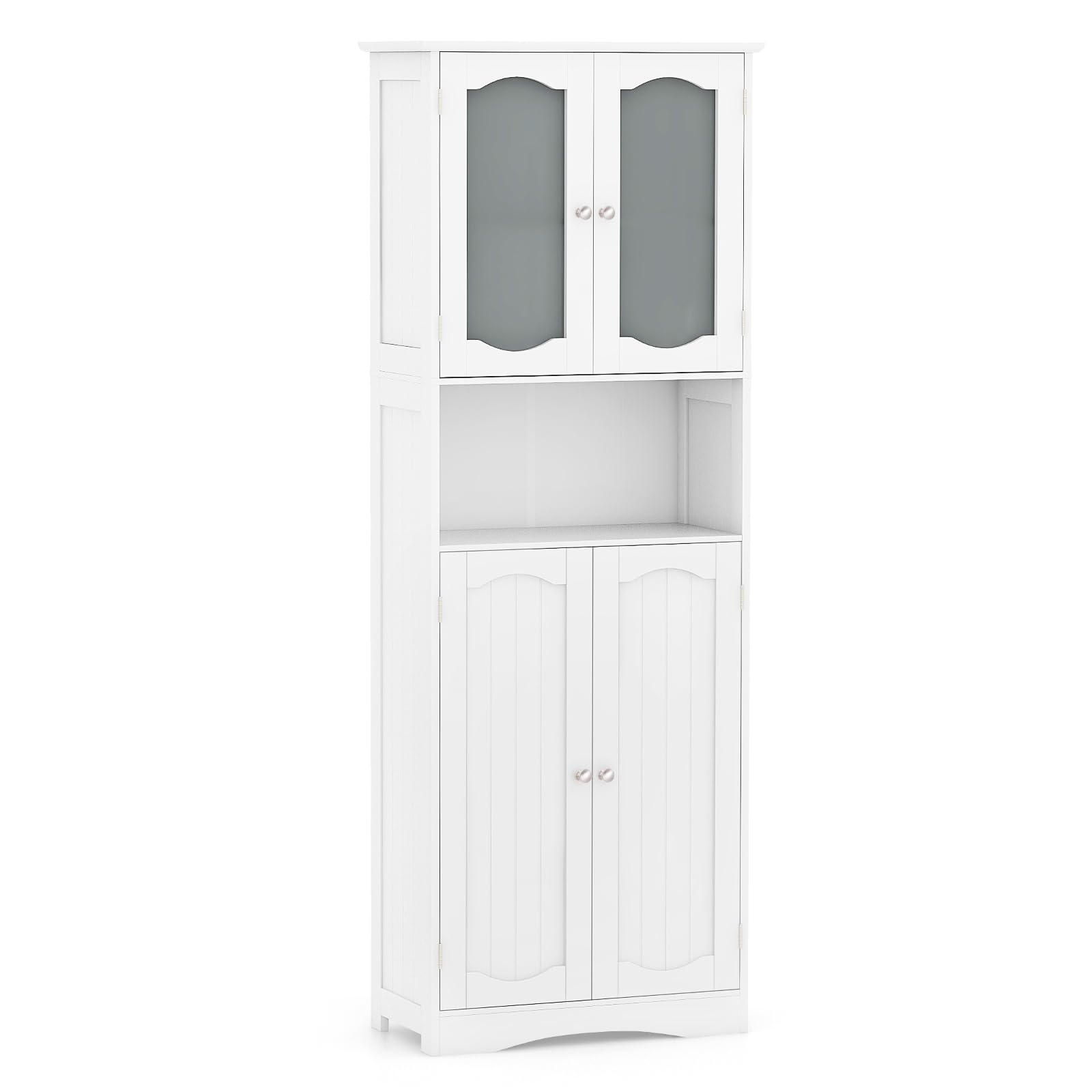 COSTWAY 164cm Tall Bathroom Cabinet, Freestanding Storage Cupboard with Tempered Glass Doors and Open/Adjustable Shelves, Wooden High Floor Storage Cabinet Unit for Living Room Kitchen Hallway (White) — image 1