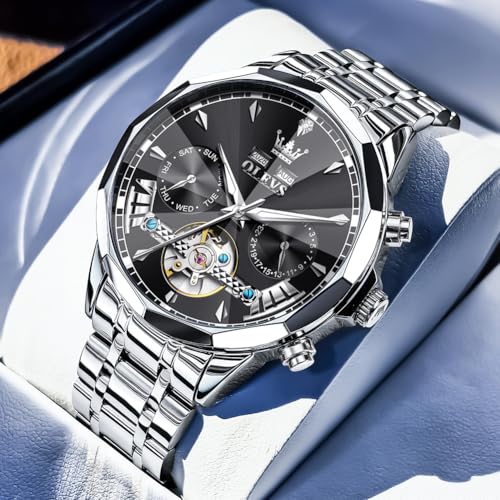Image of OLEVS Automatic Self Winding Men's Wrist Watch Skeleton Stainless Steel Calendar Chronograph Waterproof Luminous Luxury Gift Branded Watch for Man