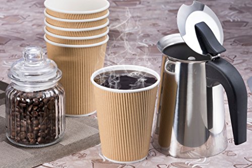 NYHI Set of 100 Brown Disposable Paper Cups with White Lids (8-oz) | Ripple Insulated Kraft for Hot Drinks - Tea & Coffee | Triple Layer Design |Durable Paper