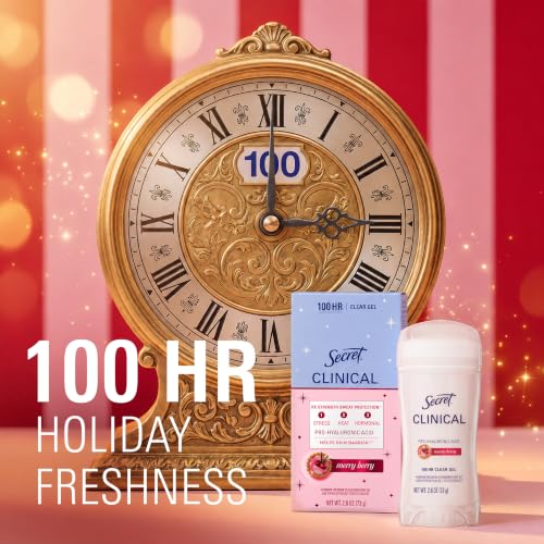 Image of Secret Clinical 100HR Sweat & Odor, Clear Gel Antiperspirant Deodorant for Women, 3X Stress Protection with Hyaluronic Acid, PH Balancing Minerals, Merry Berry Scent, 2.6 oz