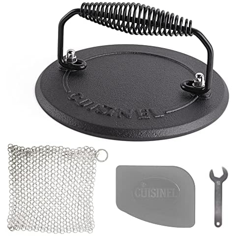 Cuisinel Grill Press + Chainmail Scrubber + Scraper - Cast Iron Burger, Bacon, Steak, Hamburgers Weight - 7.5" Diameter Round Pre-Seasoned Heavy Duty 4-lb Sandwich Maker - Griddle, BBQ Grill Accessory Cover