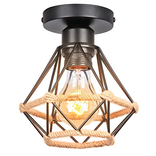 iDEGU Plafoniera Vintage 16CM E27 Lampadario Soffitto Industriale Design Gabbia in Metallo e Corda di Canapa Retrò Lampada da soffitto per Corridoio Portico Camera da Letto