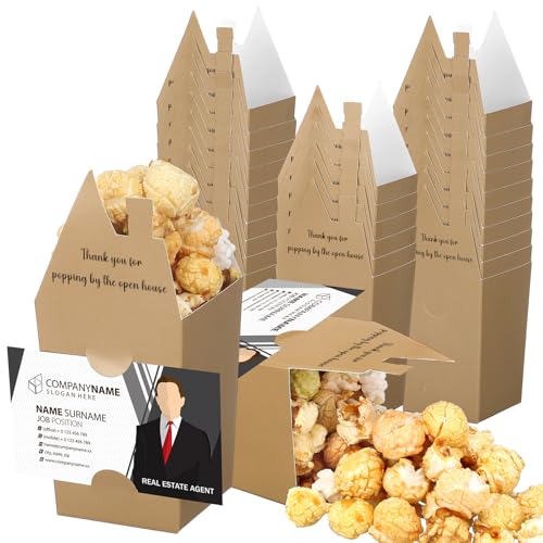 Image of Hoolerry 100 Set Open House Gift Real Estate Agent Supplies Popcorn Box with Card Holder Open House Supplies Business Gift Card Thank You for Popping by Candy Box for Estate Agent Favors(Kraft)