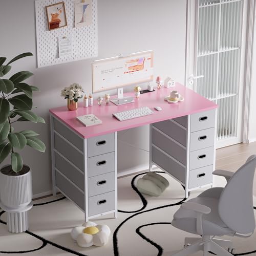 Pamray 47 Inch Computer Desk with 8 Fabric Drawers PC Gaming Desk Home Office Study Work Writing Table for Bedroom Pink - Image 3