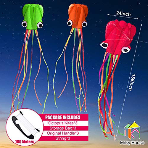 3 Pack Octopus Kite, 3D Kite Long Tail Easy Flyer Kite Beach Kites