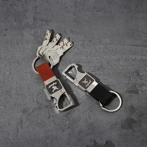 Image of Heavy Duty Metal Carabiner Keychain with Leather Strap for Men & Women | Premium Belt Clip Key Holder | Secure Spring Lock Key Ring for Car, Bike & Office Keys