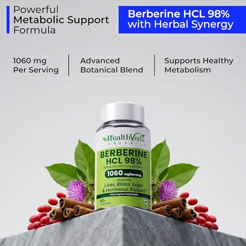 Image of Health Veda Organics Berberine Supplements | Berberine HCL 98% 500mg (1060mg per Serving) | Blood Sugar Support, Metabolism Booster | With Gymnema (Gudmar), Cinnamon, R-ALA, Milk Thistle & Chromium | 60 Veg Capsules