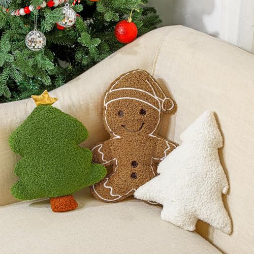Image of Konohan 3 Pcs Christmas Gingerbread Pillows House Man Throw Pillows Stuffed Gingerbread Shaped Pillow for Christmas Party Outdoor Cushion Decorations(Green,Vintage Style)
