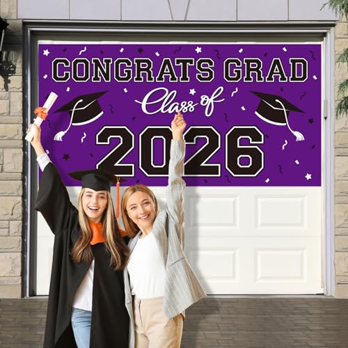 Image of 2026 Graduation Party Plastic Backdrop - 65 inch x 32.7 inch Congrats Grad Banner in Purple, Large Class of 2026 Decorations, Photography & Grad Party Supplies