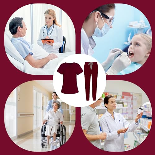 Image of VIAOLI Scrubs for Women Set Modern V-Neck Top & 8 Pocket Jogger Pants Nursing Uniform Solid Stretch Workwear